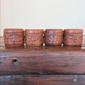 Carved Wooden Napkin Rings Set of 4 - Warm Brown